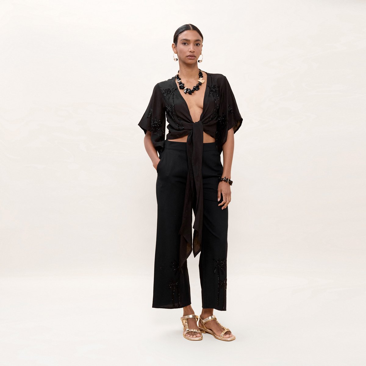 Pantalon fluide brodé taille élastiquée noir, LOLA CASADEMUNT