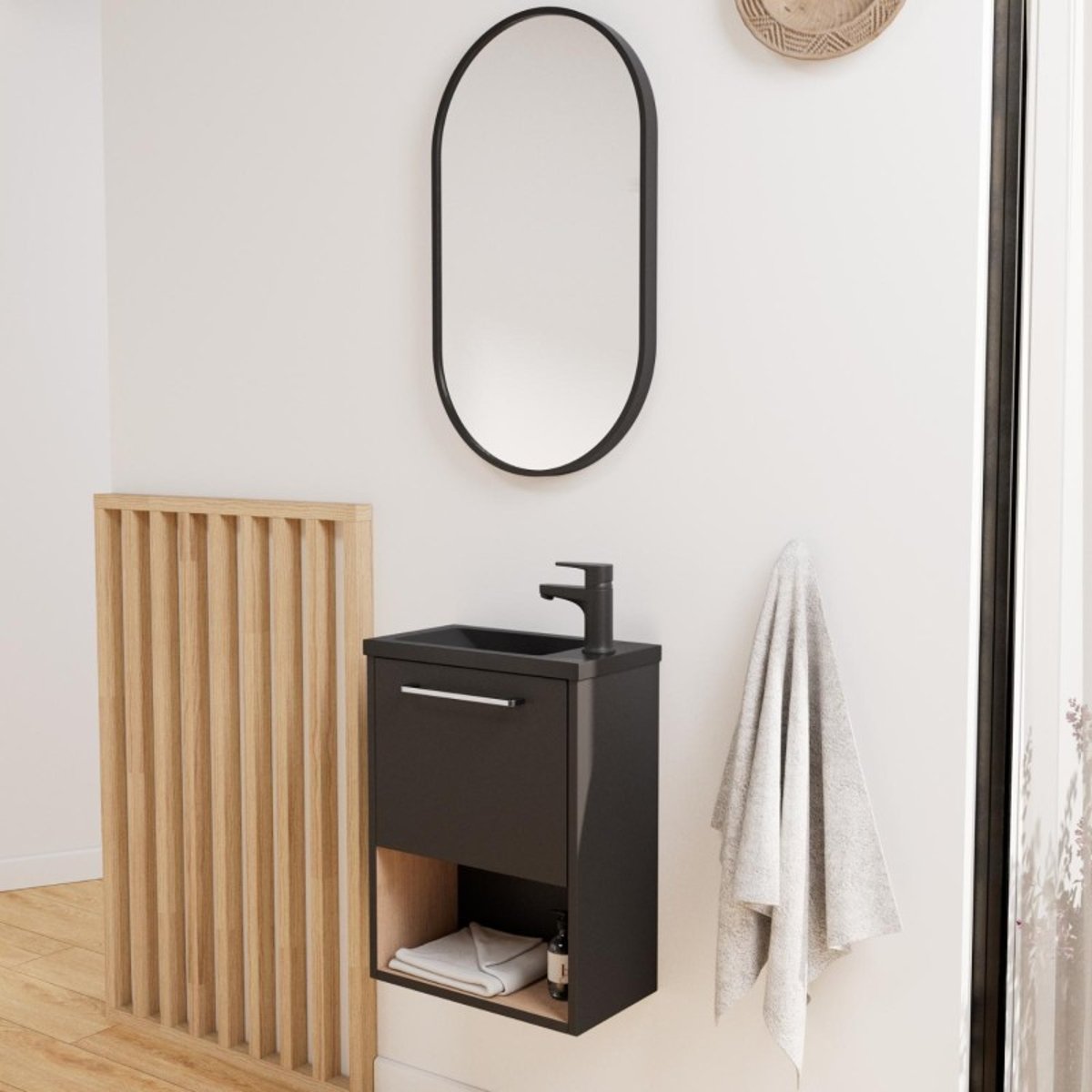 Ensemble meuble lave-mains + robinet NIKA noir et chêne, MOB IN