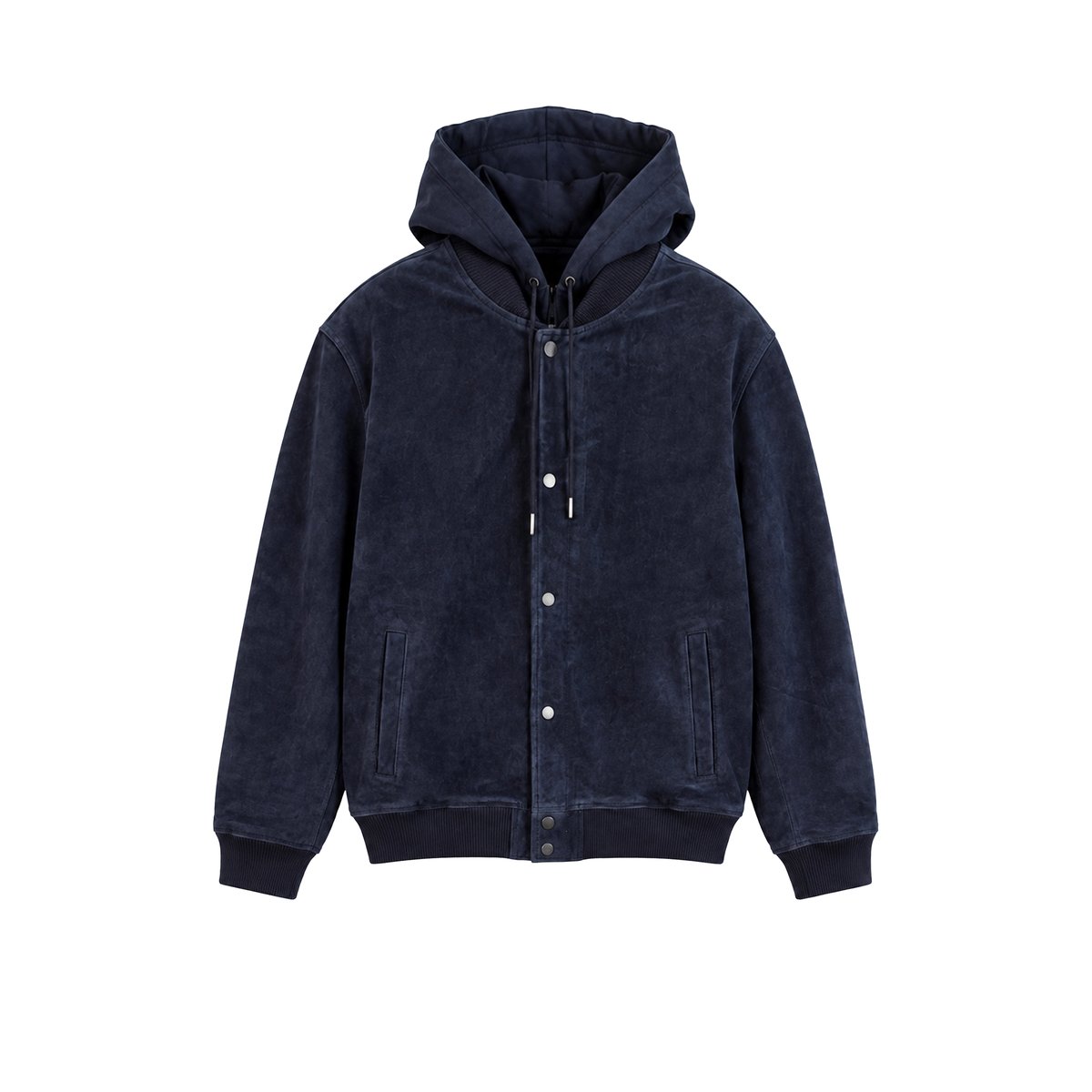 Blouson cuir velours capuche amovible bleu marine, IKKS