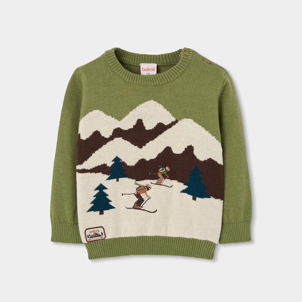 Pull garçon imprimé skieurs vert, BOBOLI