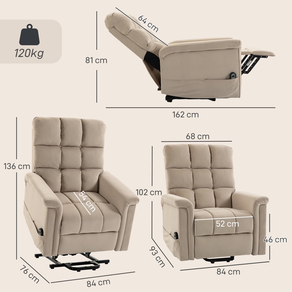 Fauteuil releveur électrique Velours (100 % marron, HOMCOM