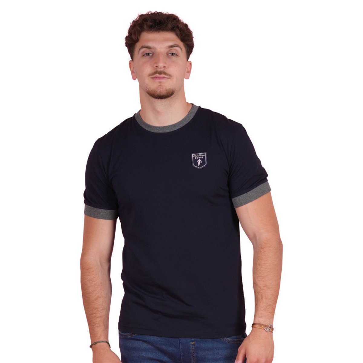 T-shirt en coton marine uni pourvu de manches courtes et d'un col rond bleu foncé, RUCKFIELD