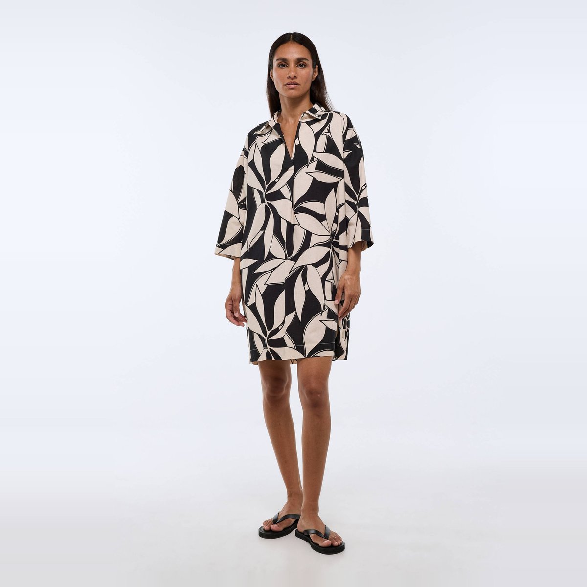 Robe courte imprimée contenant du lin noir, MONOPRIX