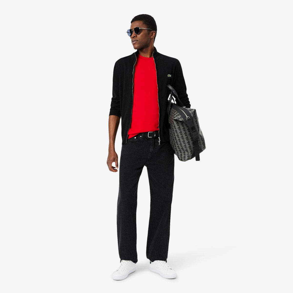 Pull zippé coton uni col montant noir-031, LACOSTE