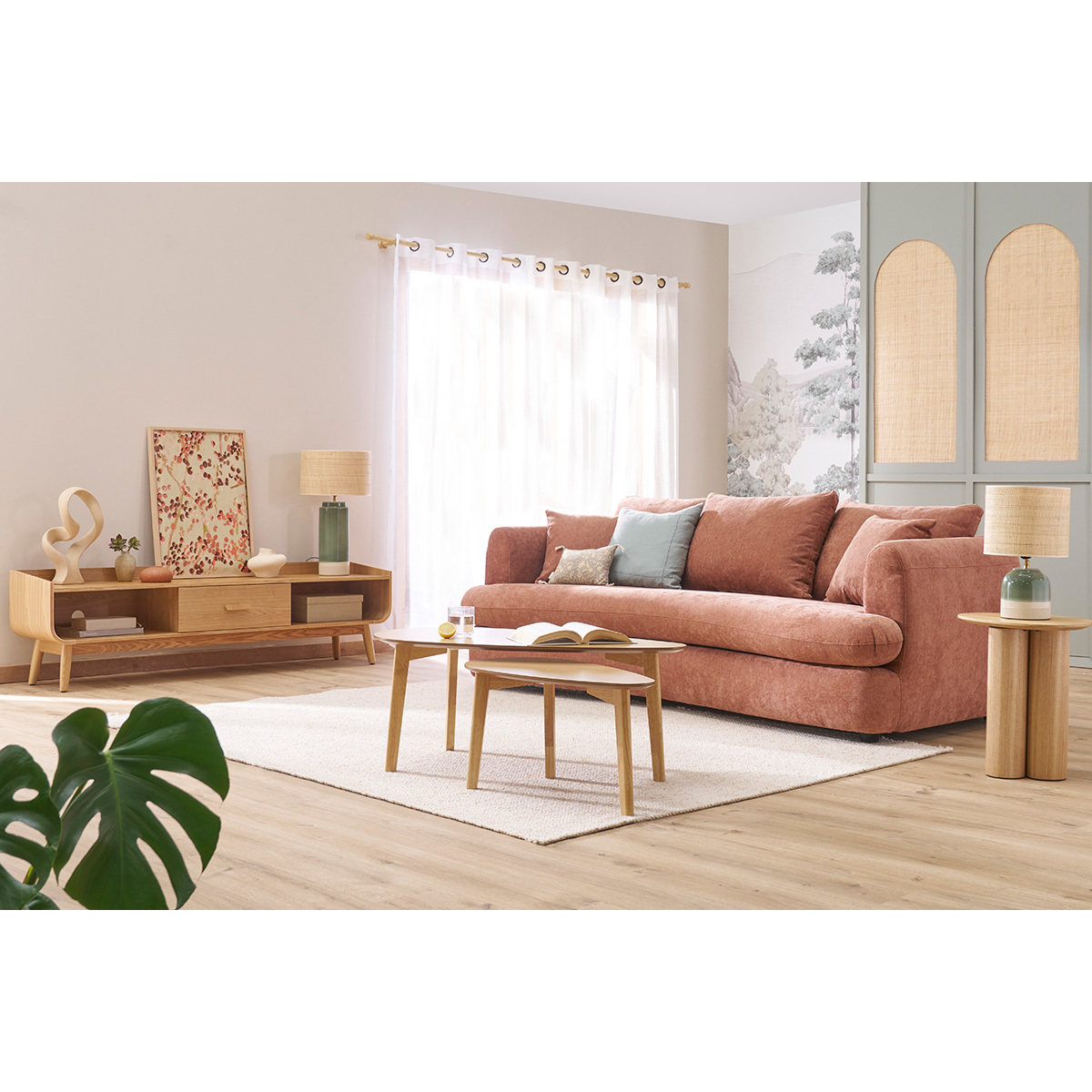 Canapé déhoussable 3-4 places design haricot en tissu effet velours texturé vert kaki SACHA terra cotta, MILIBOO