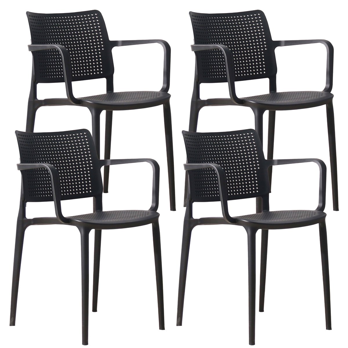 Lot de 4 chaises de terrasse ajourée en plastique avec accoudoirs, RIGA noir, OVIALA
