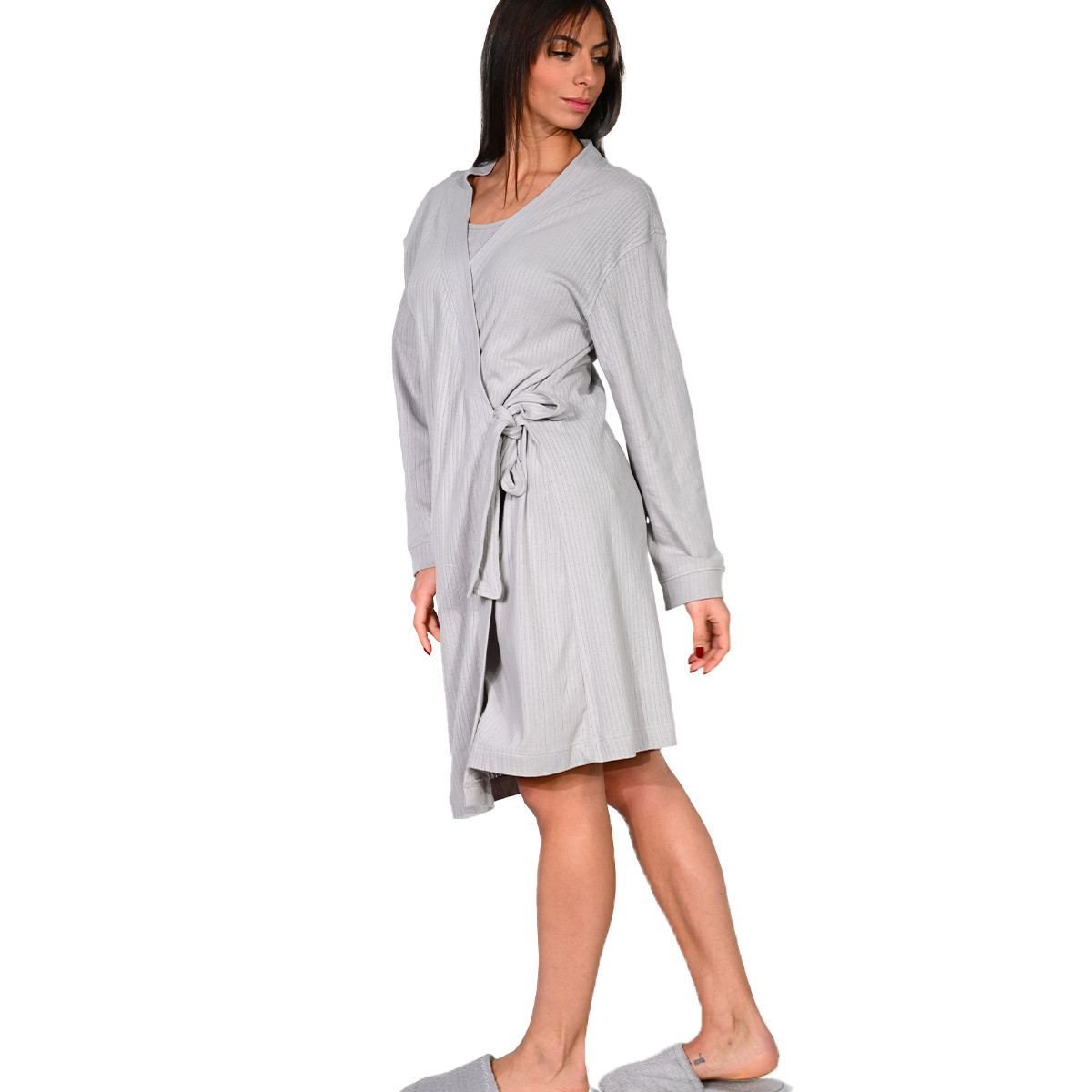 Peignoir kimono femme en maille coton NINA gris cendré, SENSEI MAISON