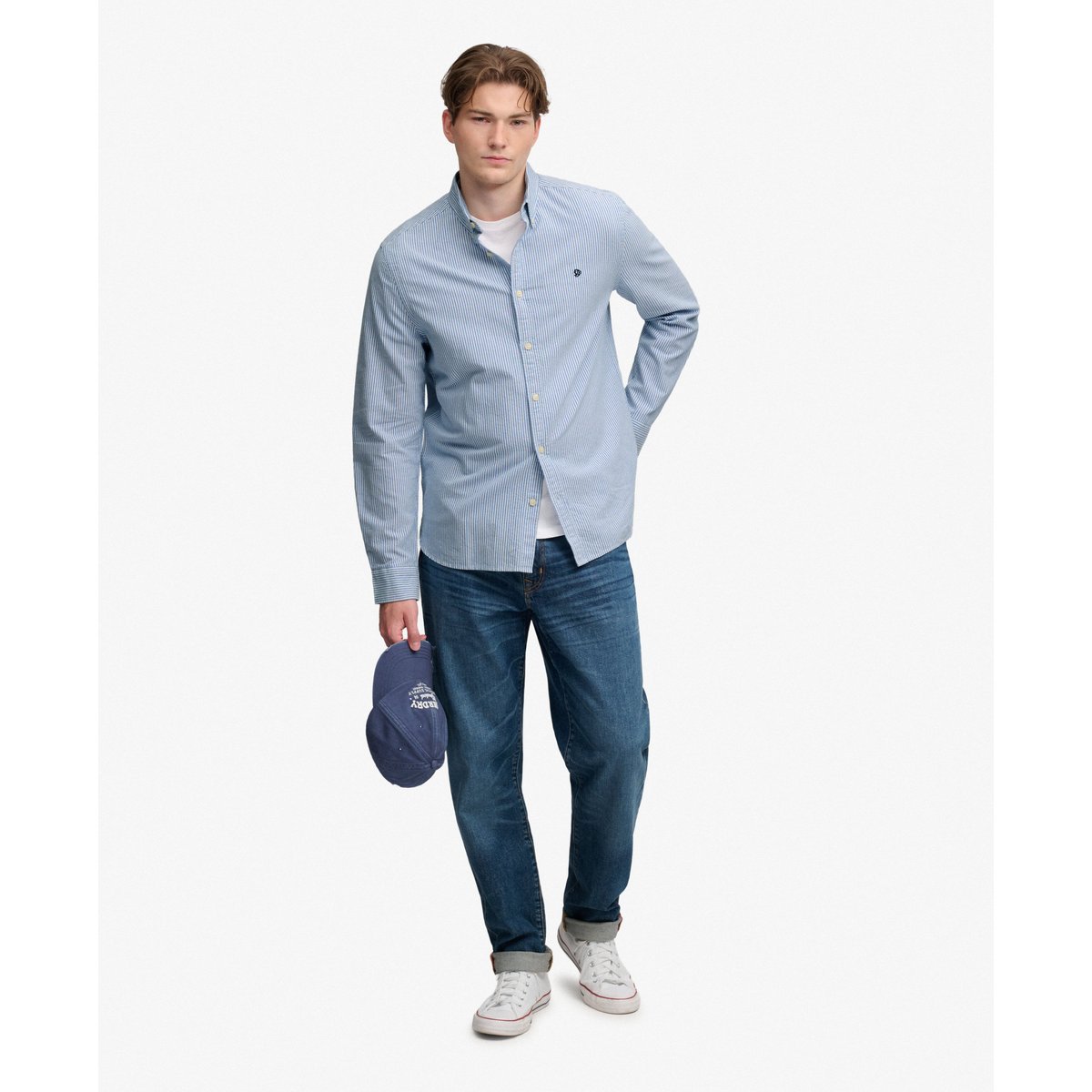 Chemise Oxford Preppy Manches Longues Coupe Décontractée mini rayures bleu azur, SUPERDRY