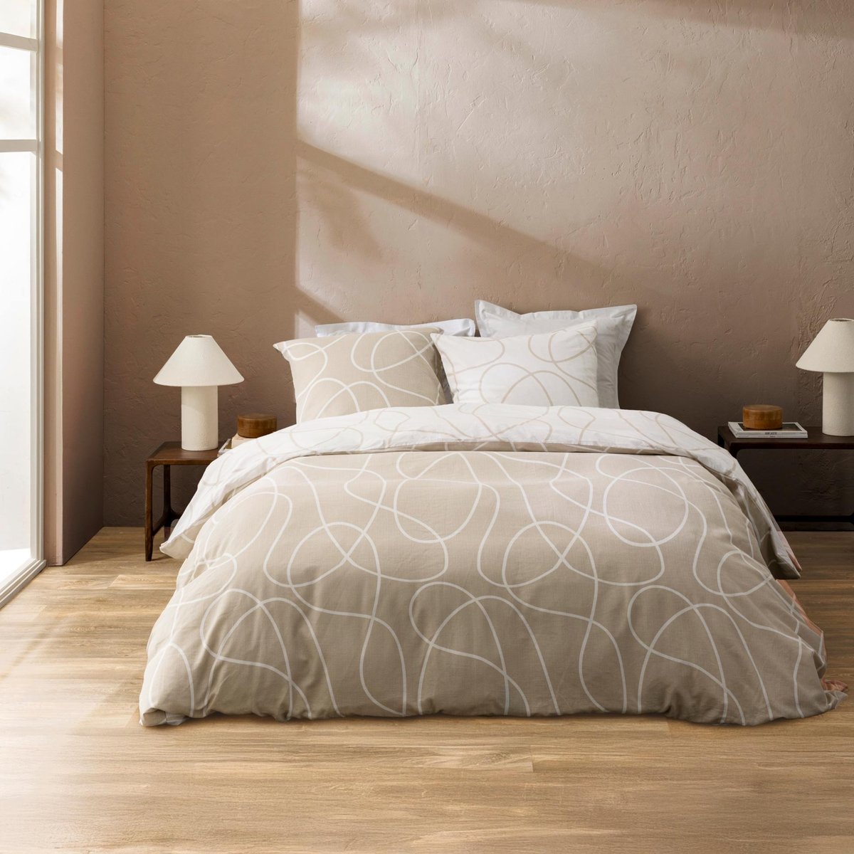 Parure de lit 3 pièces en coton relief trait design housse + taies naturel, DOUCEUR D'INTÉRIEUR