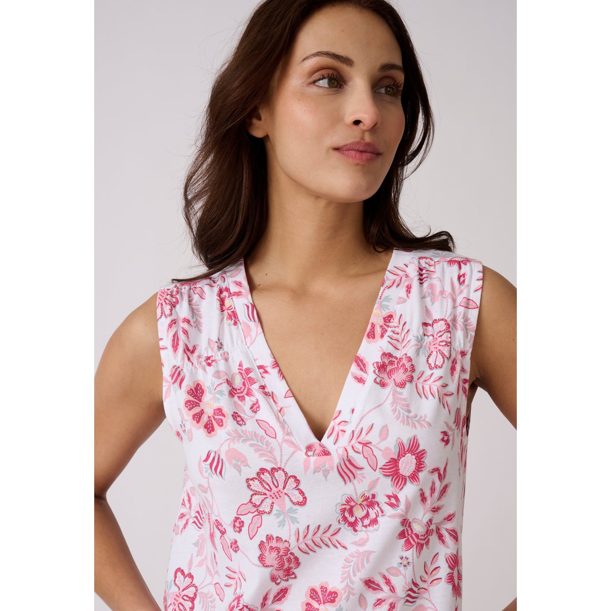 Chemise de nuit en pur coton peigné blanc rose fleuri, DAMART