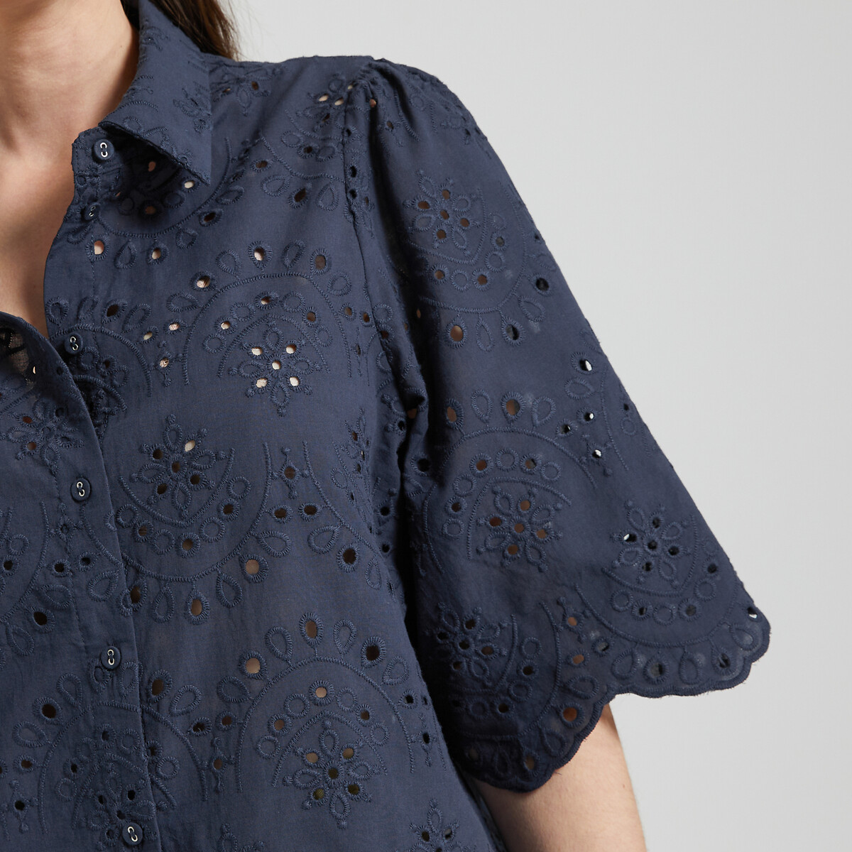 Broderies Anglaise Cotton Blouse with Wide Sleeves navy, VERO MODA