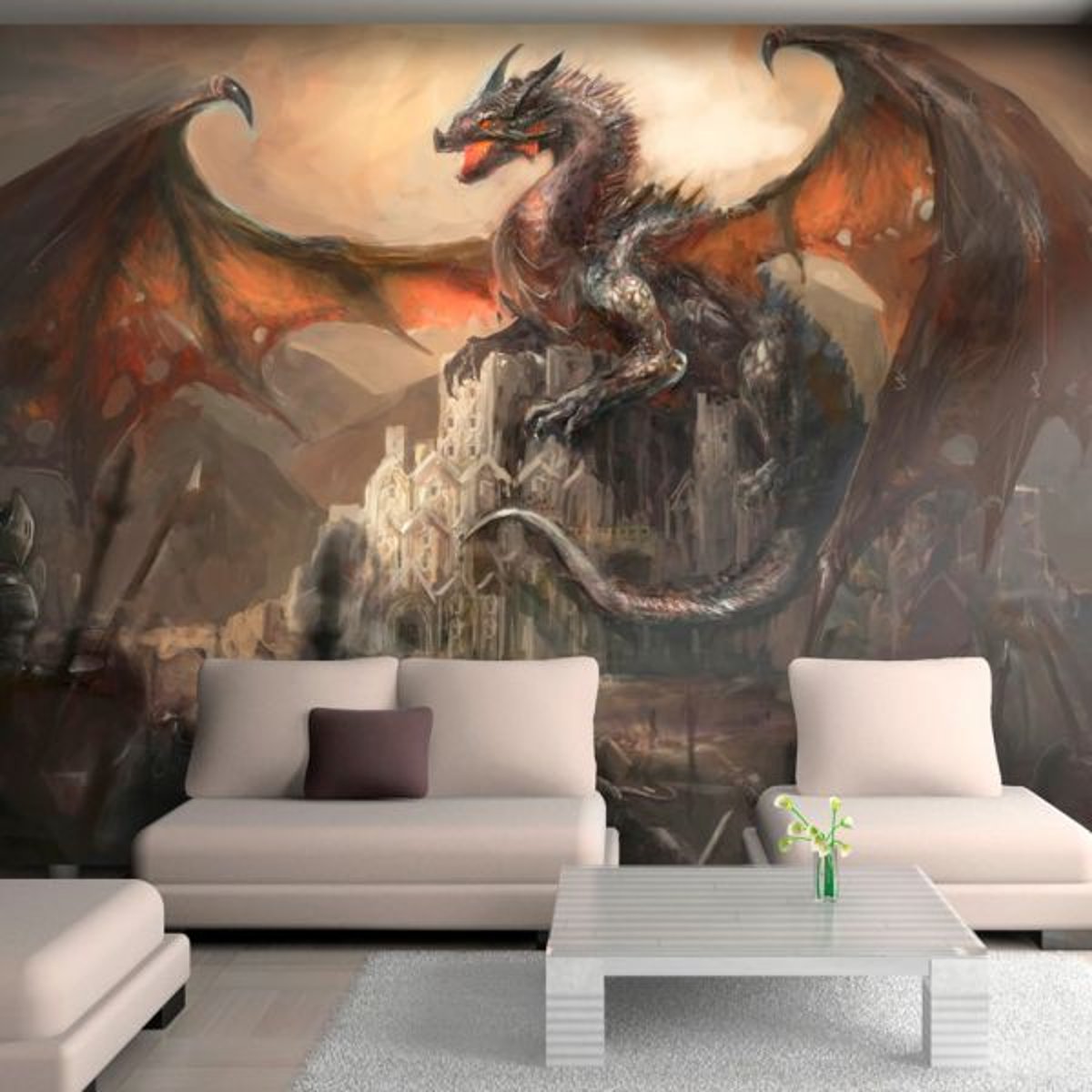 Papier peint intissé panoramique Fantaisie Dragon castle multicouleur, EDEN