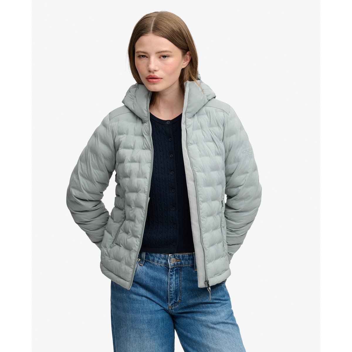 Doudoune Hooded Heat Weld Coupe Ajustée texture gris pâle, SUPERDRY