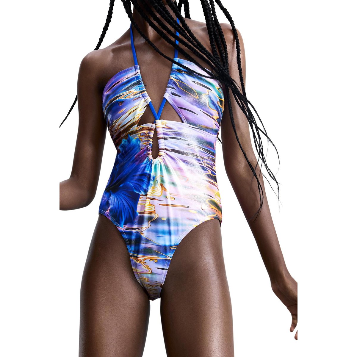 Maillot de bain tropical effet brillant bleu, DESIGUAL