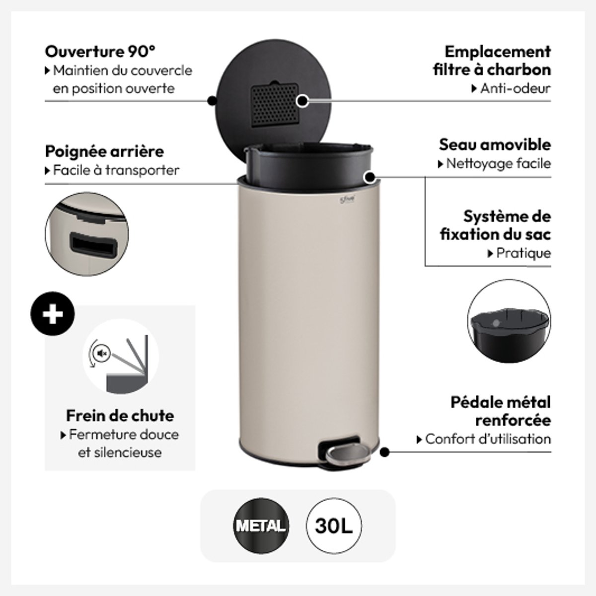 Poubelle de cuisine ronde 30L en métal à pédale DELTA ocre, 5FIVE SIMPLY SMART