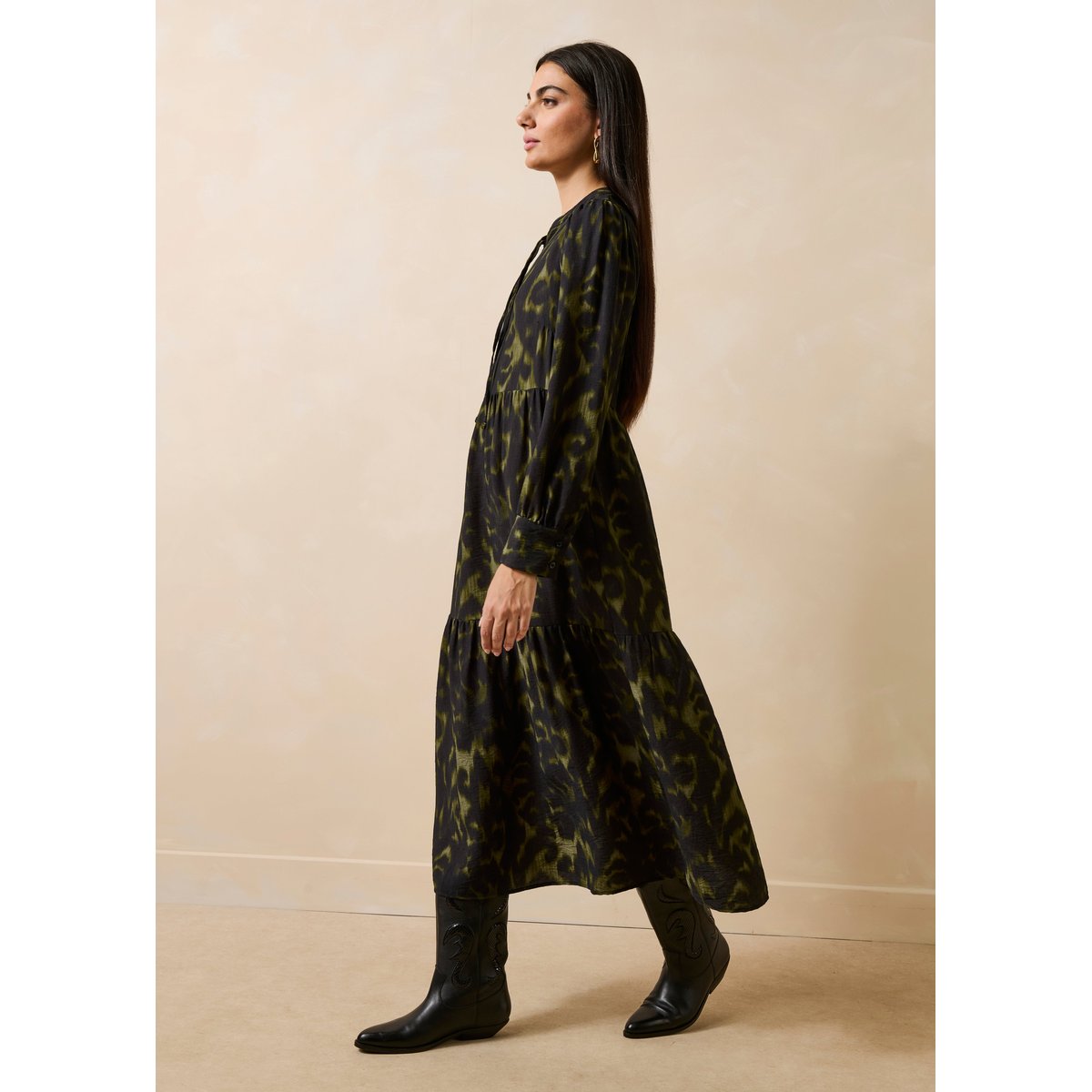 Robe longue ample manches longues imprimée kaki, LA FEE MARABOUTEE