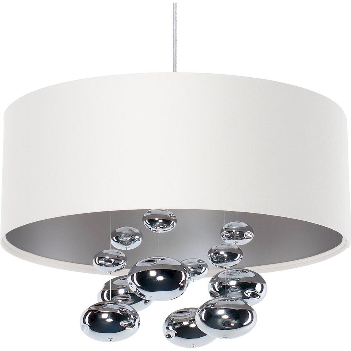 Suspension ronde en tissu et boules argentées Bubble Light blanc satin et argent mat, BPS KONCEPT