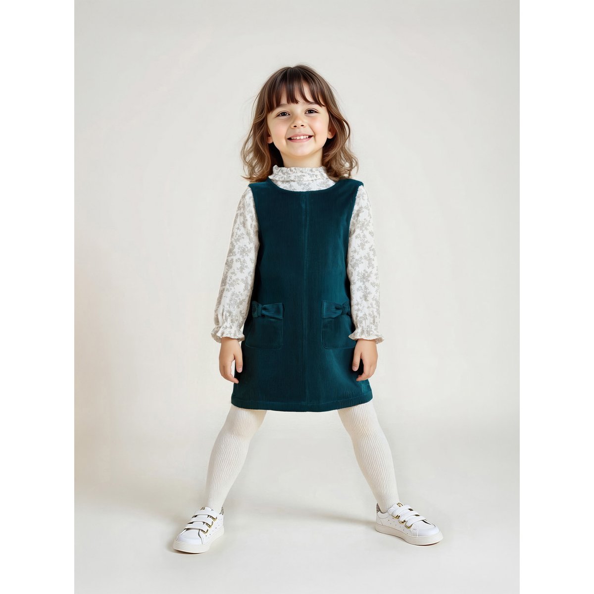 Ensemble robe chasuble en velours et blouse gaze coton bleu pétrole, VERTBAUDET