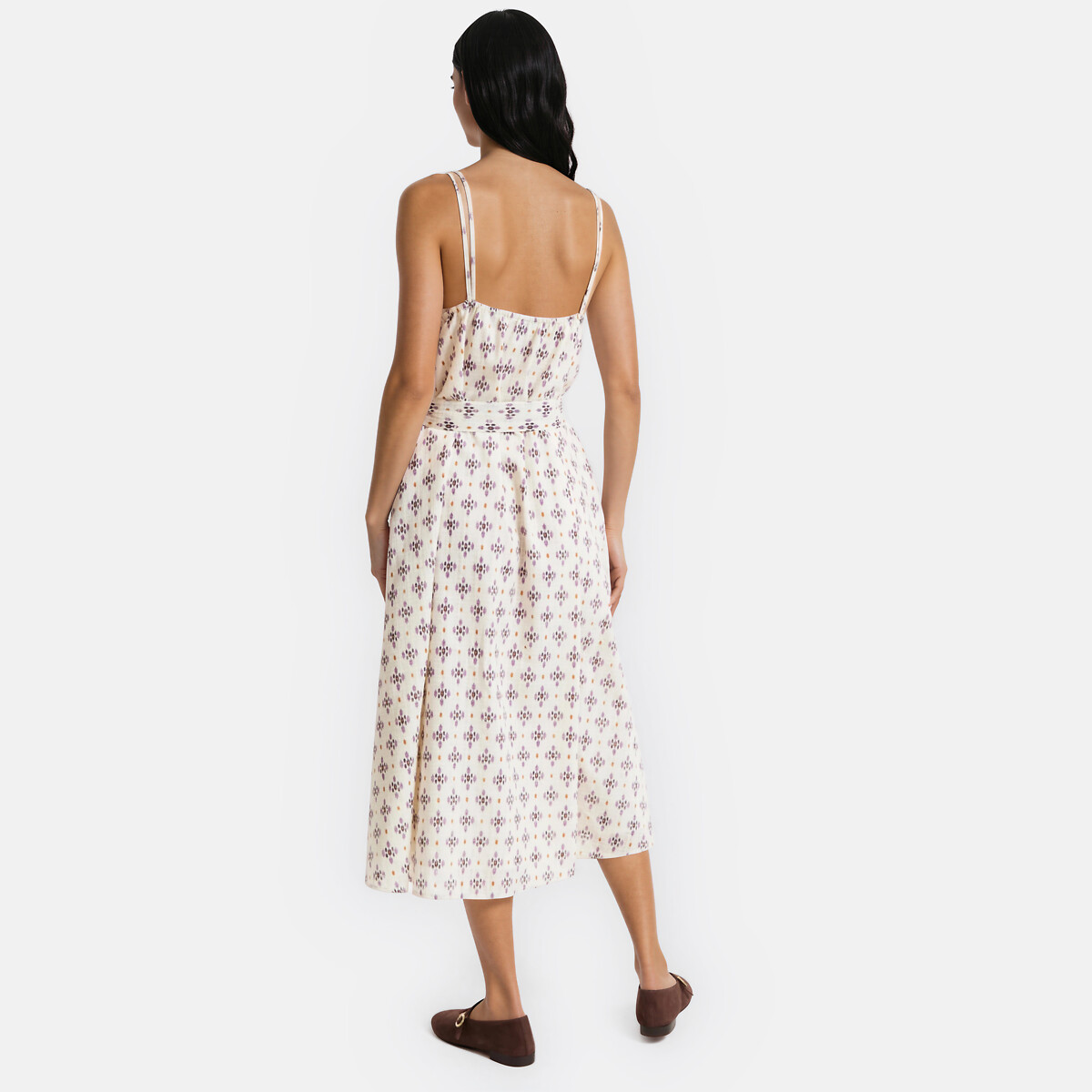 Printed Shoestring Strap V-Neck Midi Dress mauve print, LA REDOUTE COLLECTIONS