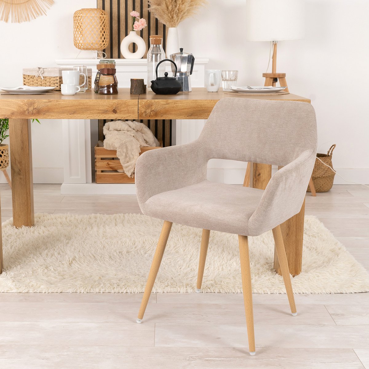 Lot de 2 chaises de salle à manger fauteuil scandinave, CROMWELL beige, MEUBLES COSY