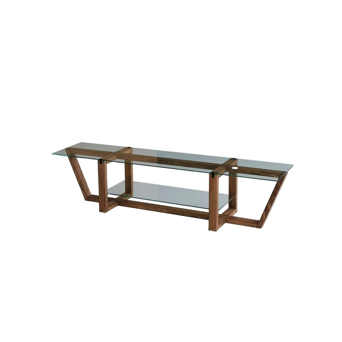 Meuble TV verre trempé bois foncé - 158 cm 2 niveaux LHASA bois naturel, PIER IMPORT