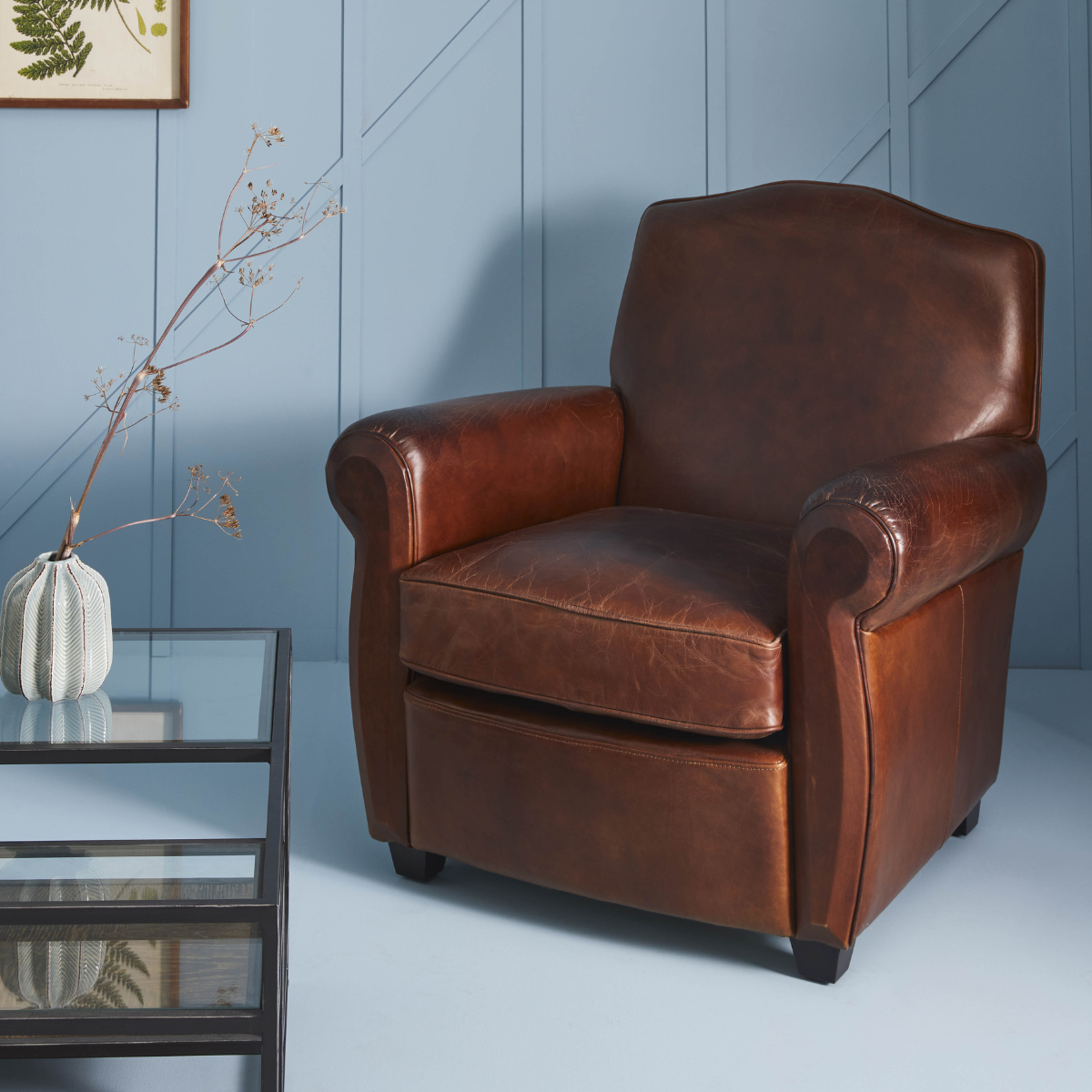 Fauteuil style Chesterfield en cuir pleine fleur marron Moustache marron, CALICOSY