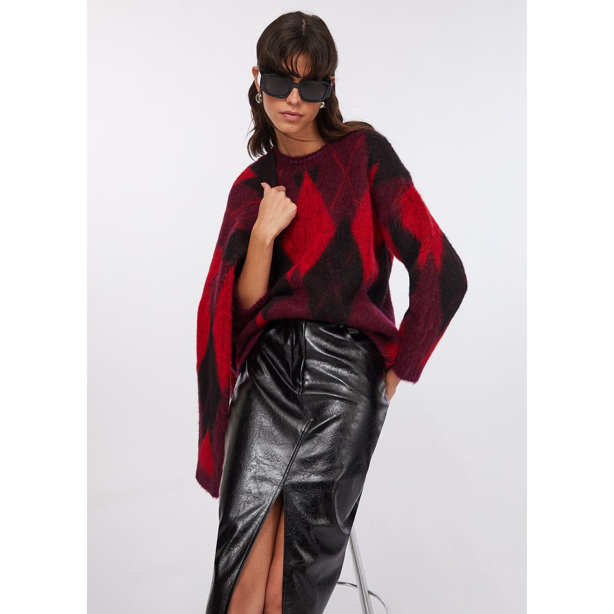 Pull à losanges en laine et alpaga rouge, LIU JO