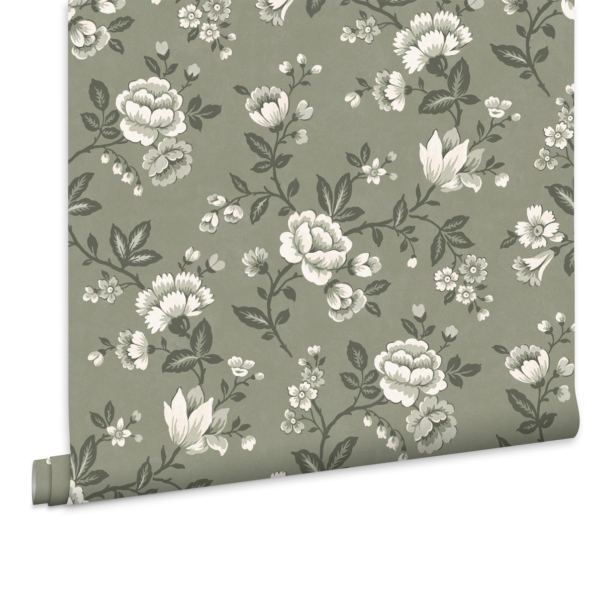 Papier peint fleurs d'oeillets Bradenbury vert, gris, blanc, LAURA ASHLEY