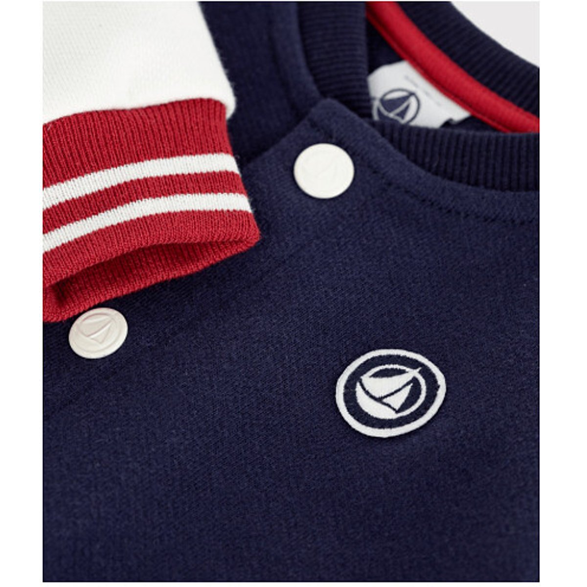 Sweat pressionné esprit Teddy en coton bleu marine/blanc, PETIT BATEAU