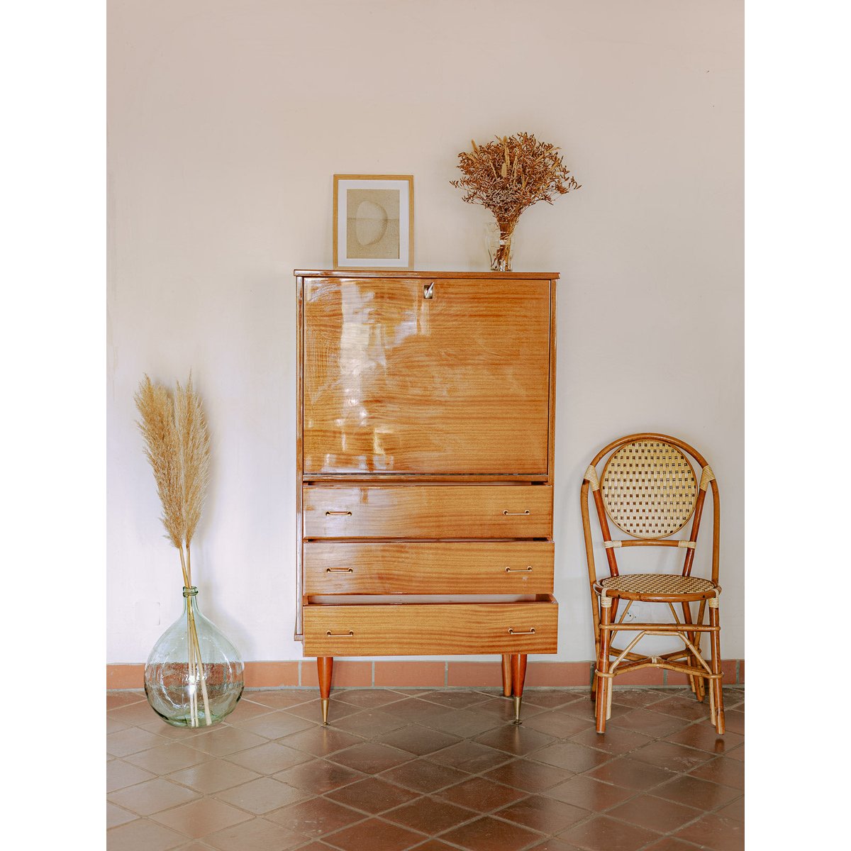 Secrétaire mid-century en bois vernis Honoré N°203 - Bon état bois clair, DEBONGOUT