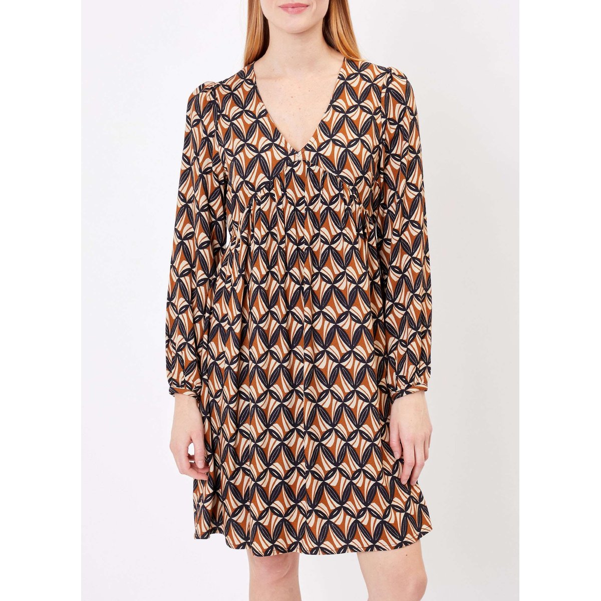 Robe évasée imprimée rétro ITA beige camel, PRINCESSE NOMADE