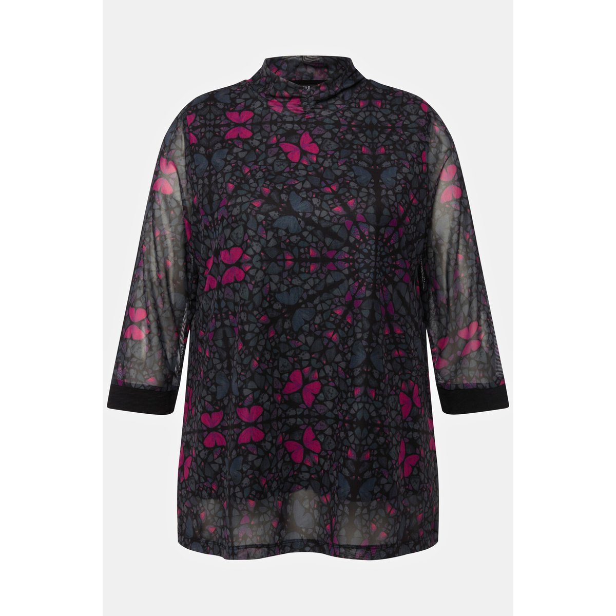 T-shirt en mesh à col montant et manches 3/4 noir, ULLA POPKEN