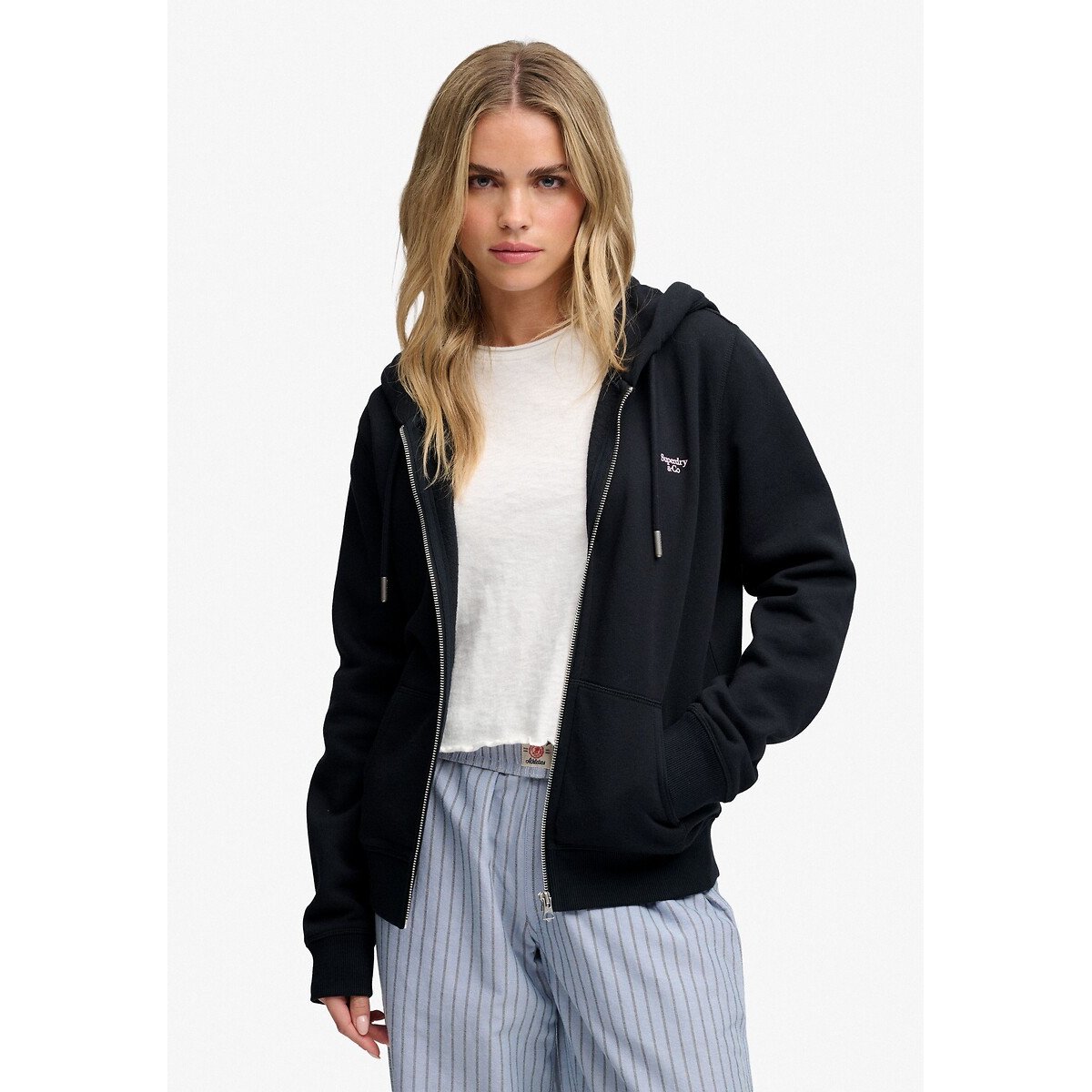Kapuzen-Sweatjacke mit Reissverschluss und gesticktem Signature-Logo marine, SUPERDRY