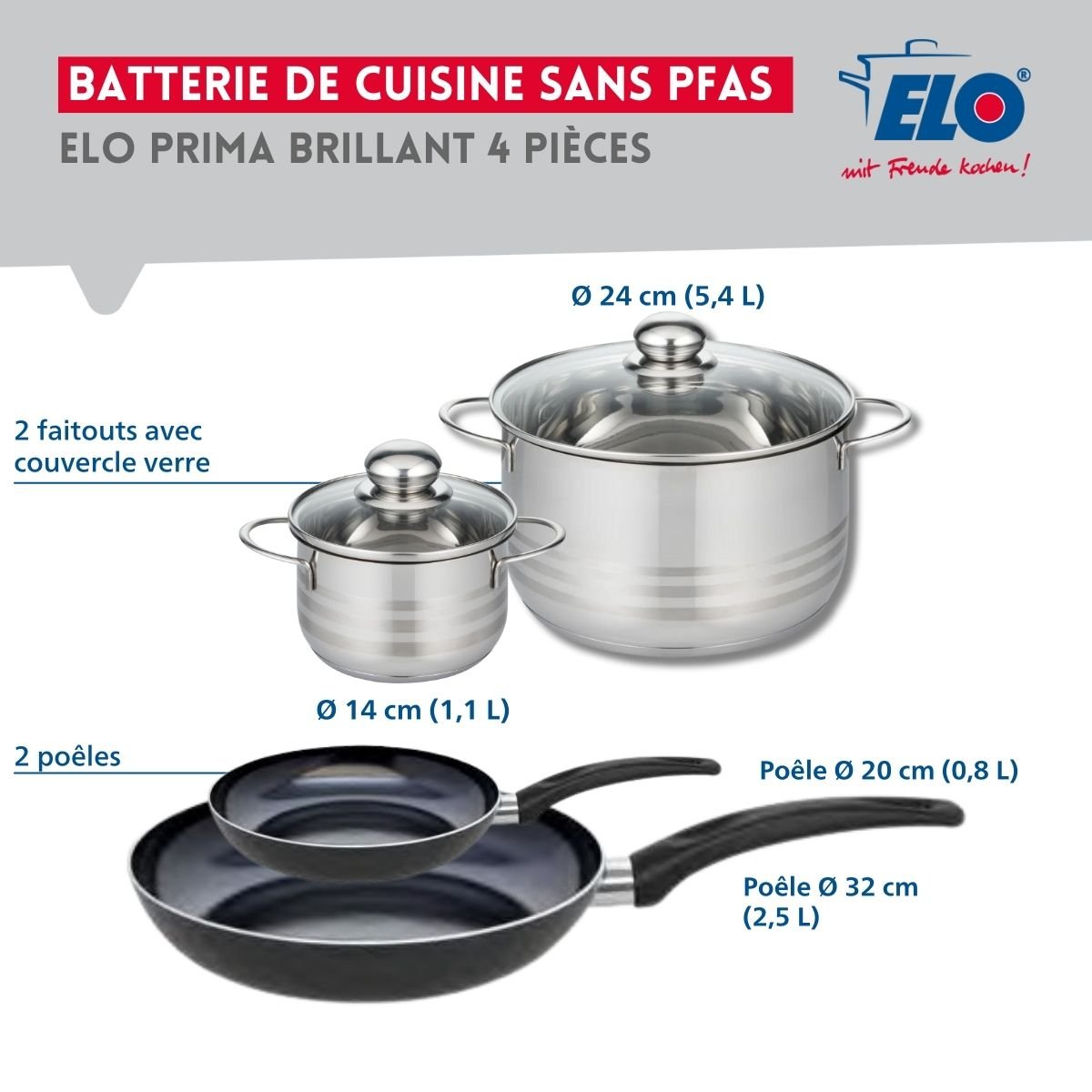 Batterie 2 poêles 20/32cm + 2 faitouts 14/24cm PRIMA BRILLANT noir, ELO