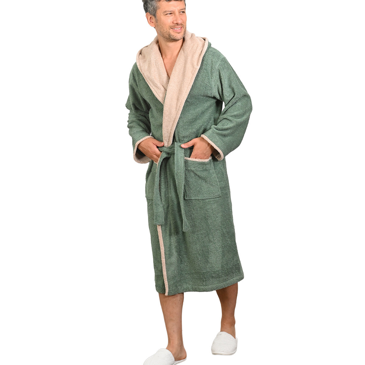 Peignoir mixte à capuche bicolore 420 g/m² DOZMARY lichen, SENSEI MAISON