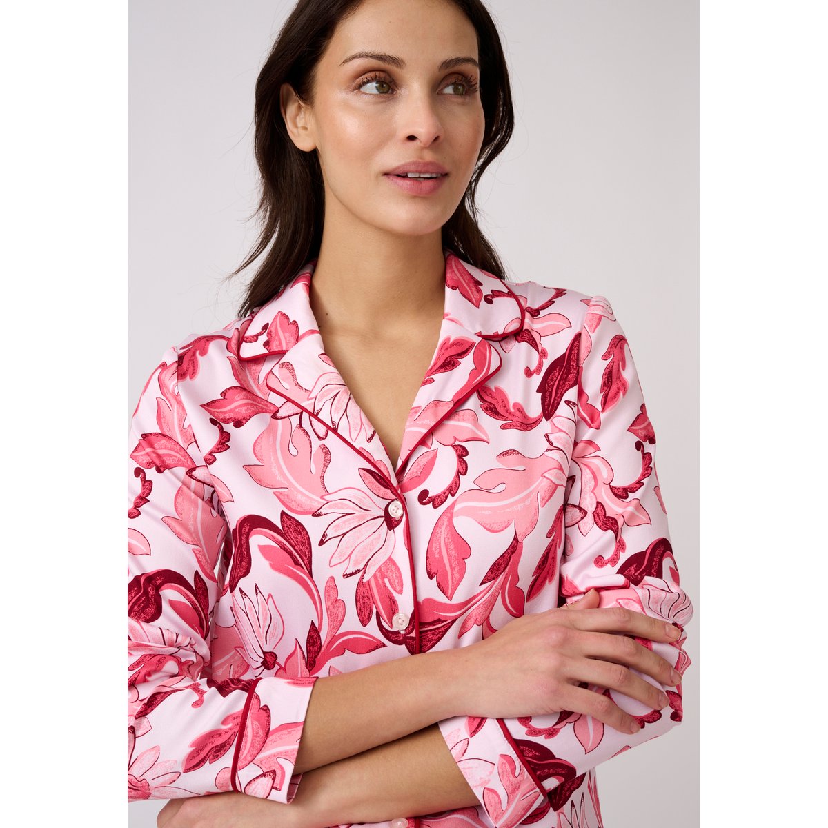 Pyjama boutonné tissu satiné rose fleuri, DAMART
