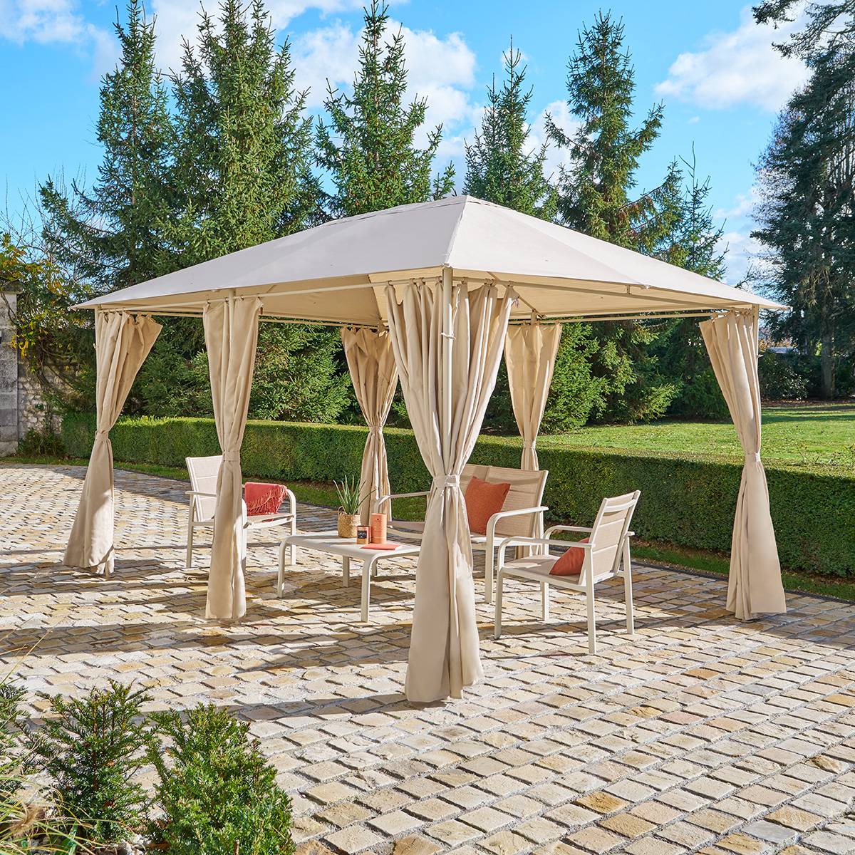 Tonnelle 4x3m en acier avec rideaux SANTORINI argile, HESPERIDE