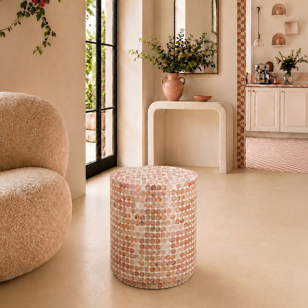 Meuble d'appoint en coquille de Capiz, SOLNA rose, NOW'S HOME