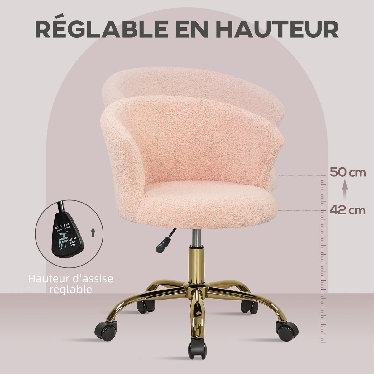 Chaise de bureau Polyester Rose rose, doré, HOMCOM