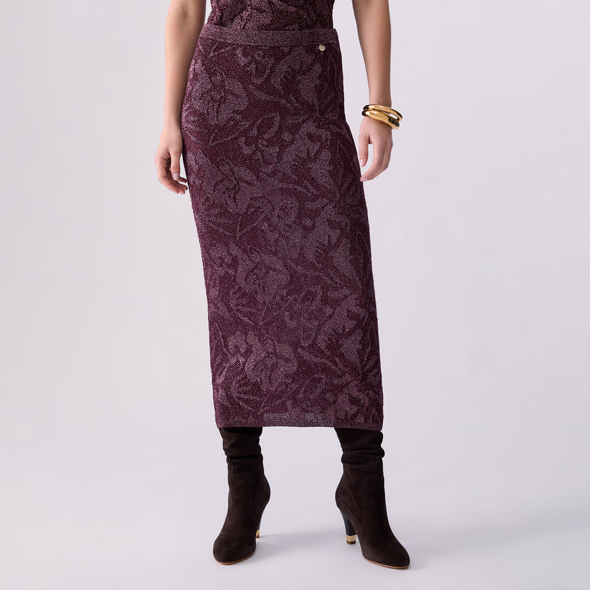 Jupe Midi en Dentelle Lamé aubergine, LIU JO
