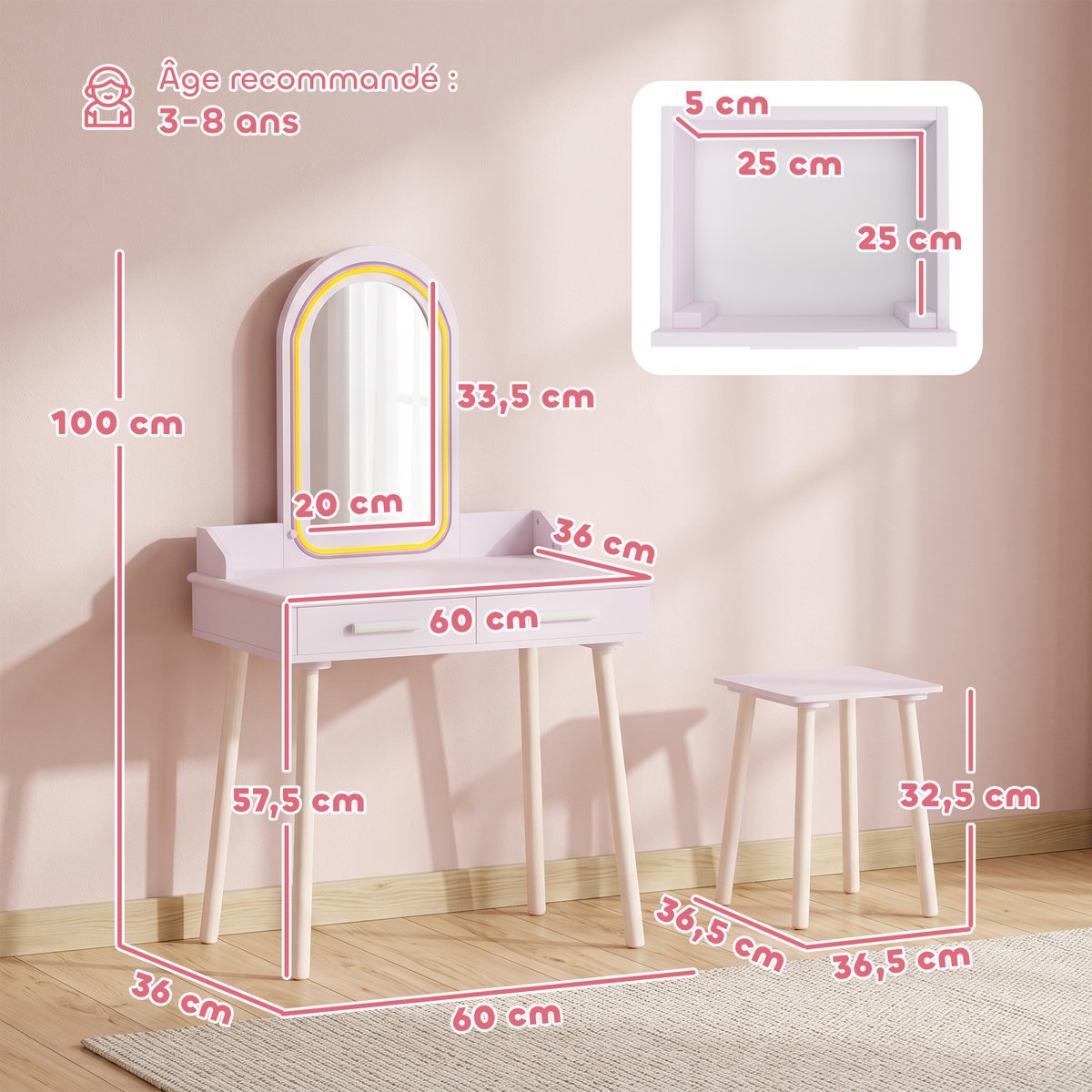 Ensemble de coiffeuse pour enfants MDF Rose rose, blanc, AIYAPLAY