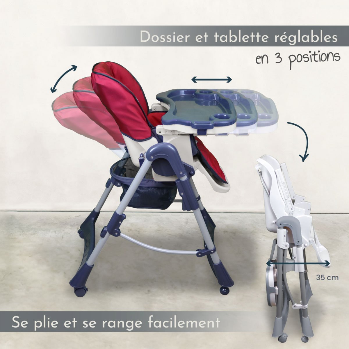 Chaise haute bébé pliable rouge, MONSIEUR BEBE