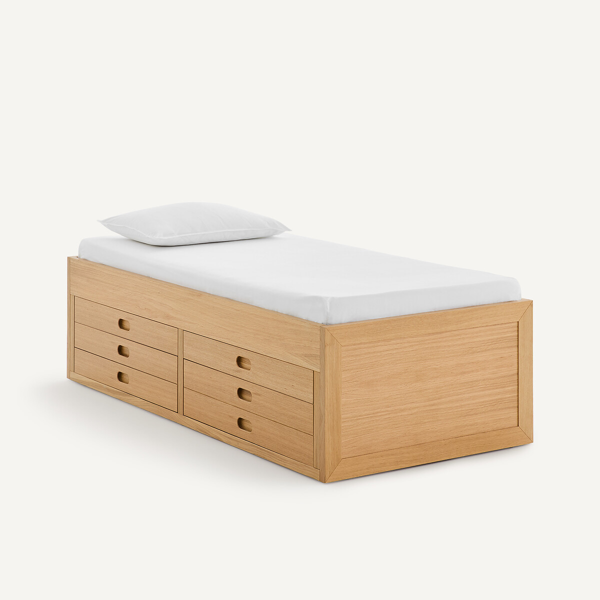 Cama de plataforma com 4 gavetas em folheado de carvalho, OCTAVO carvalho natural, AM.PM