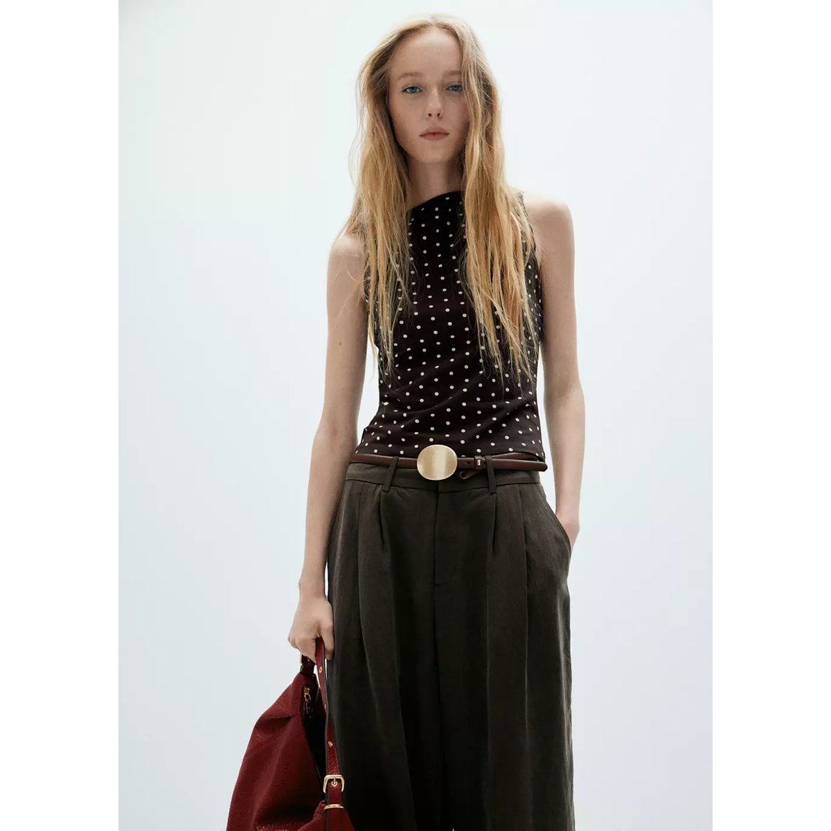 Top ajusté à pois marron, MANGO
