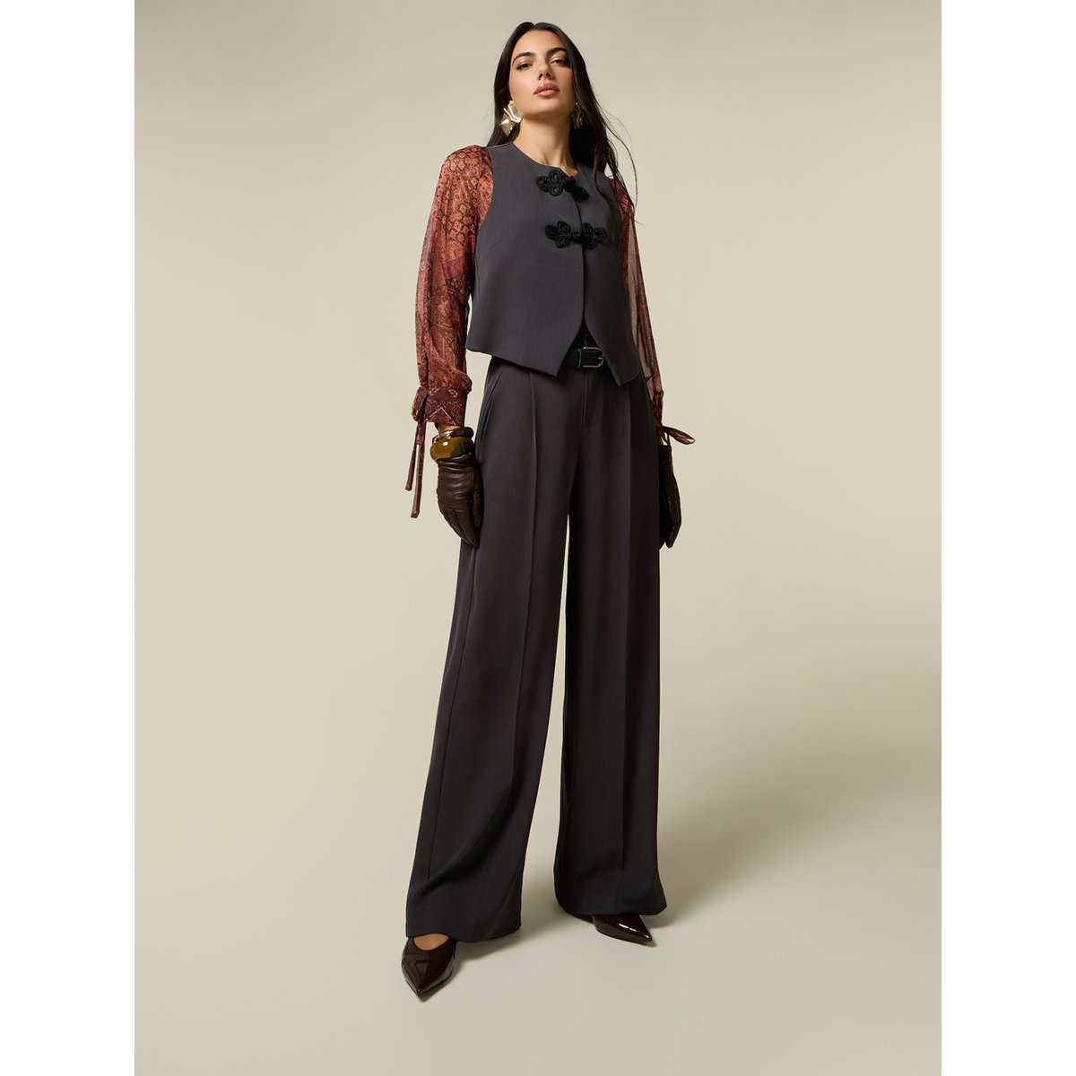 Pantalon palazzo avec ceinture et pinces gris, OLTRE
