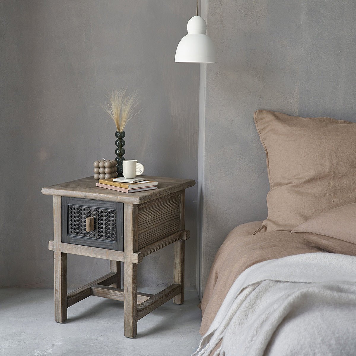 Table de chevet en bois recyclé massif 1 tiroir  JUNKO gris, BERAH GETAH