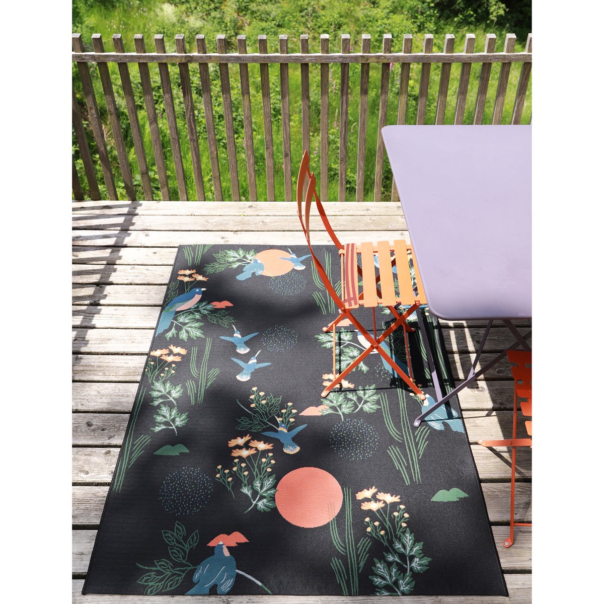 Tapis outdoor imprimé oiseaux BLOOM noir, NATTIOT