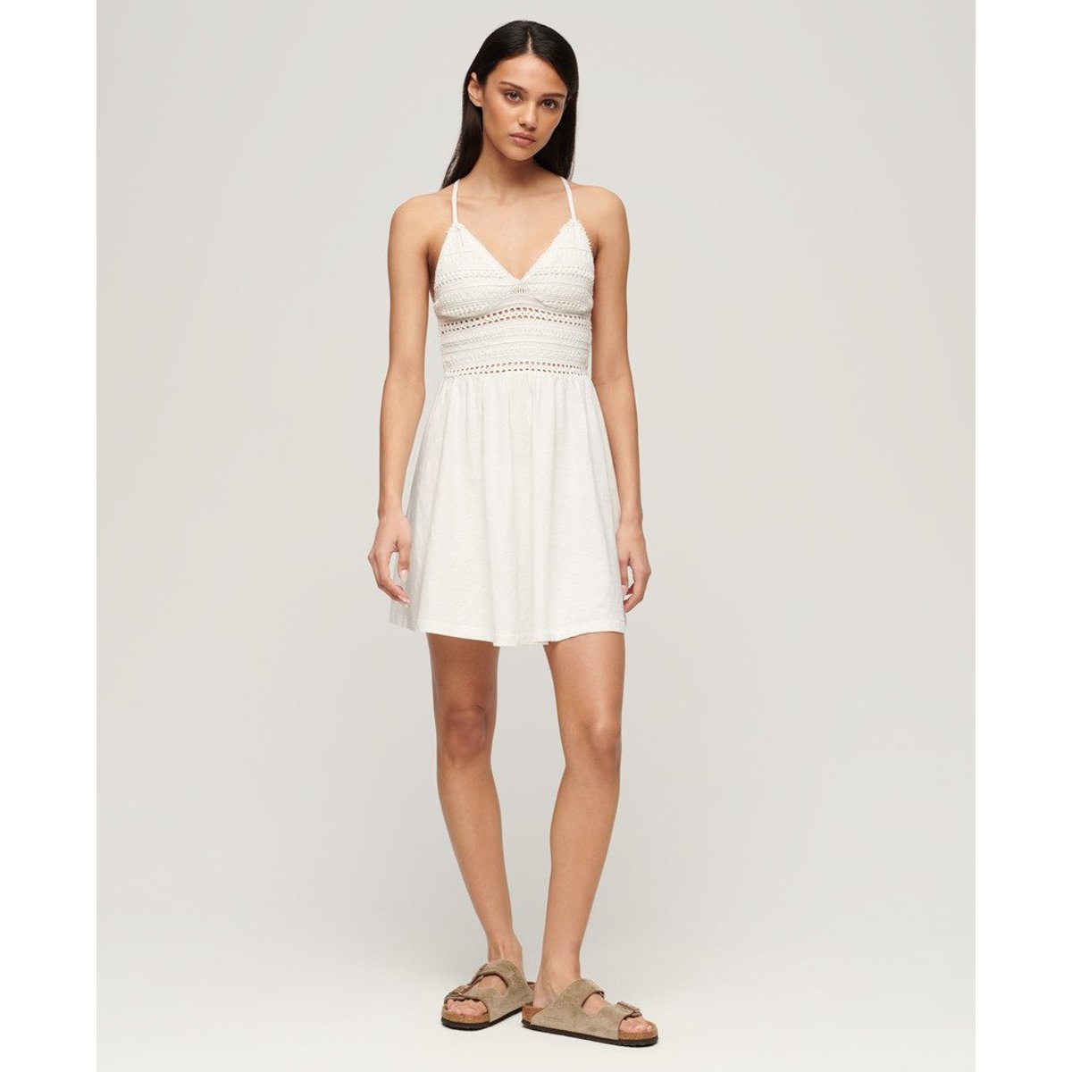 Robe courte en jersey et dentelle blanc cassé, SUPERDRY