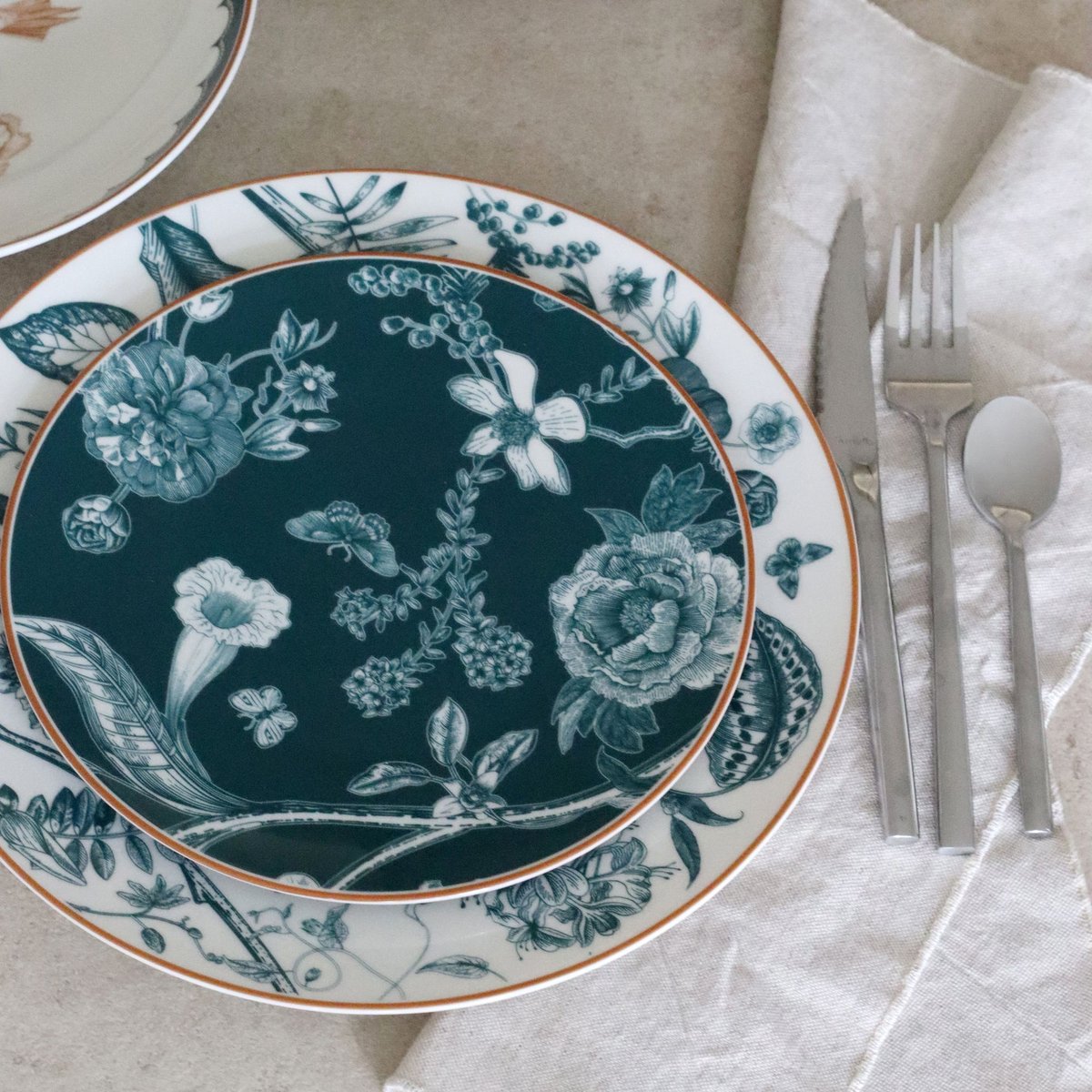 Lot de 6 assiettes plates en porcelaine 27cm, BOTANIC blanc-vert, NOVASTYL