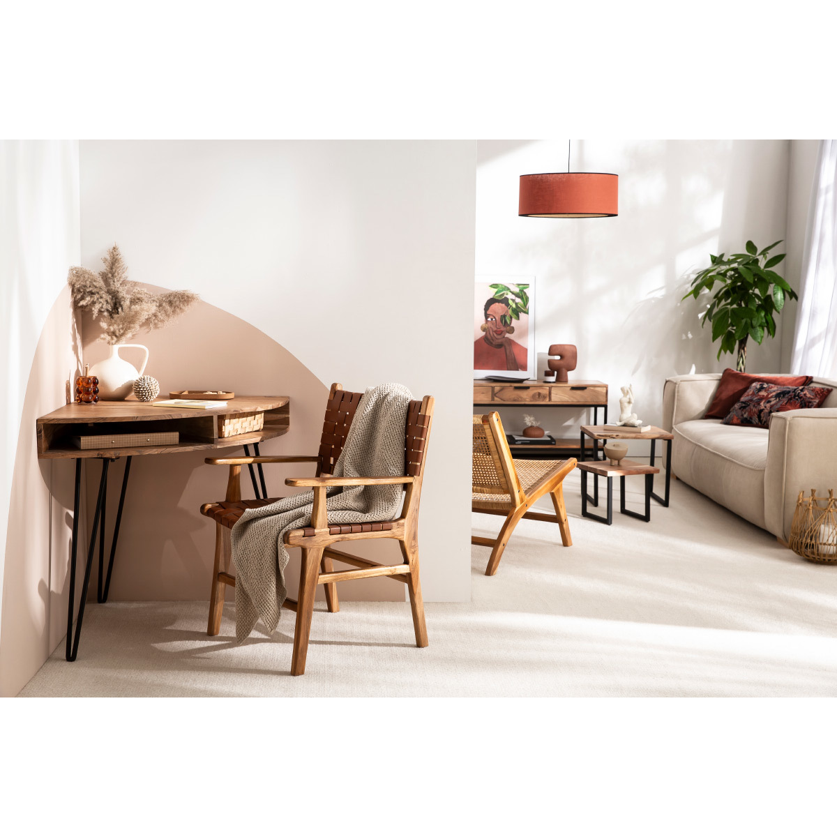 Bureau d'angle avec rangements bois massif et métal noir L75 cm GOSBY bois brut, MILIBOO